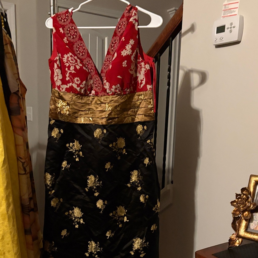 Phoebe Couture Red, Gold, and Black Dress